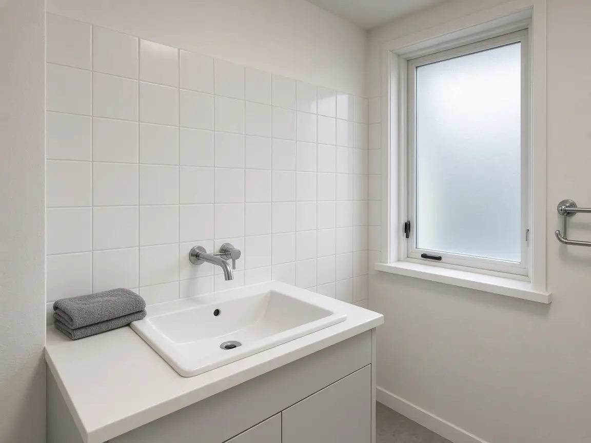 A repaired rental bathroom with white tiles, a chrome tap, and a grey towel