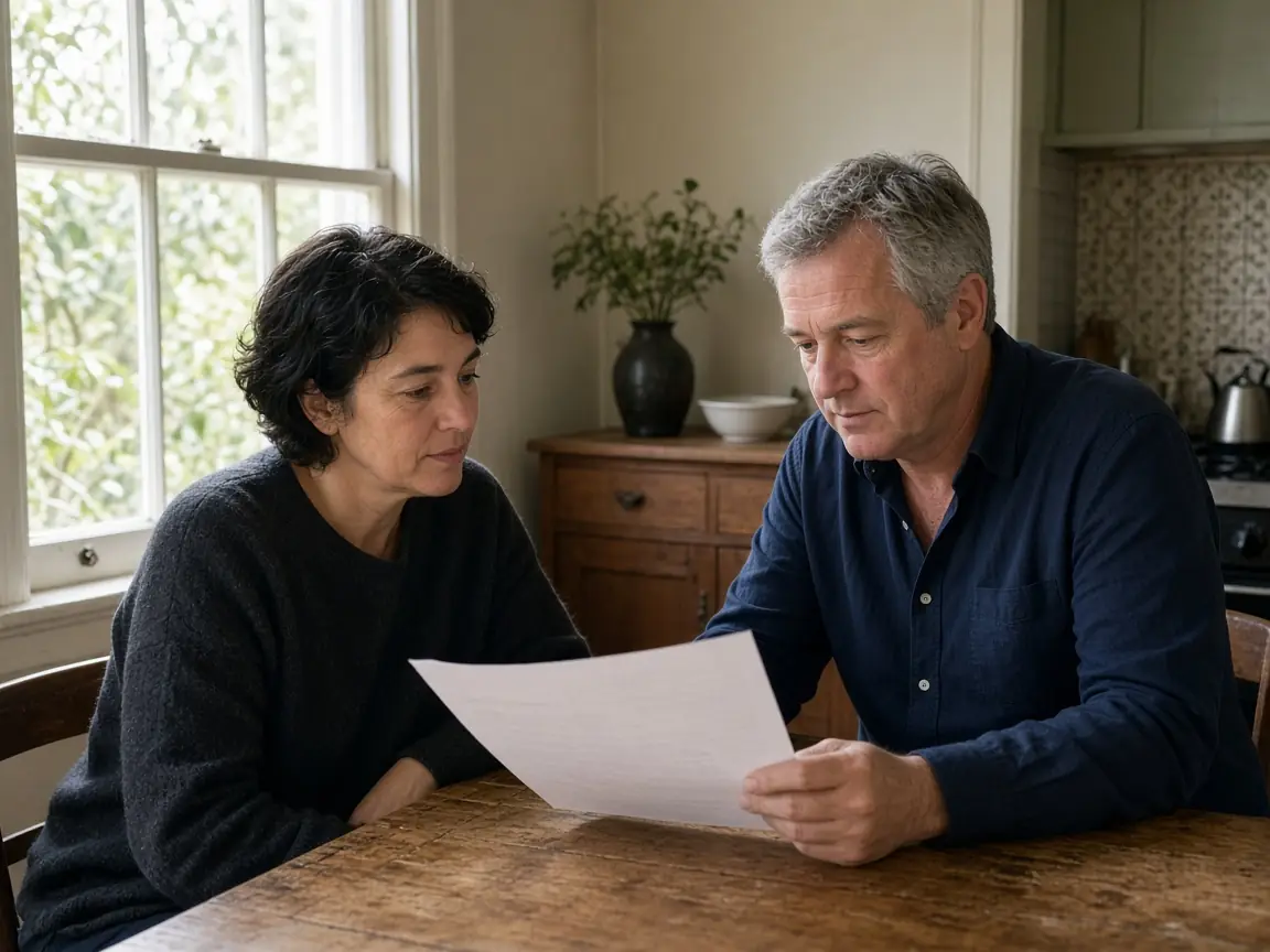 A property manager and an owner sitting at a villa kitchen table, looking over a printed inspection