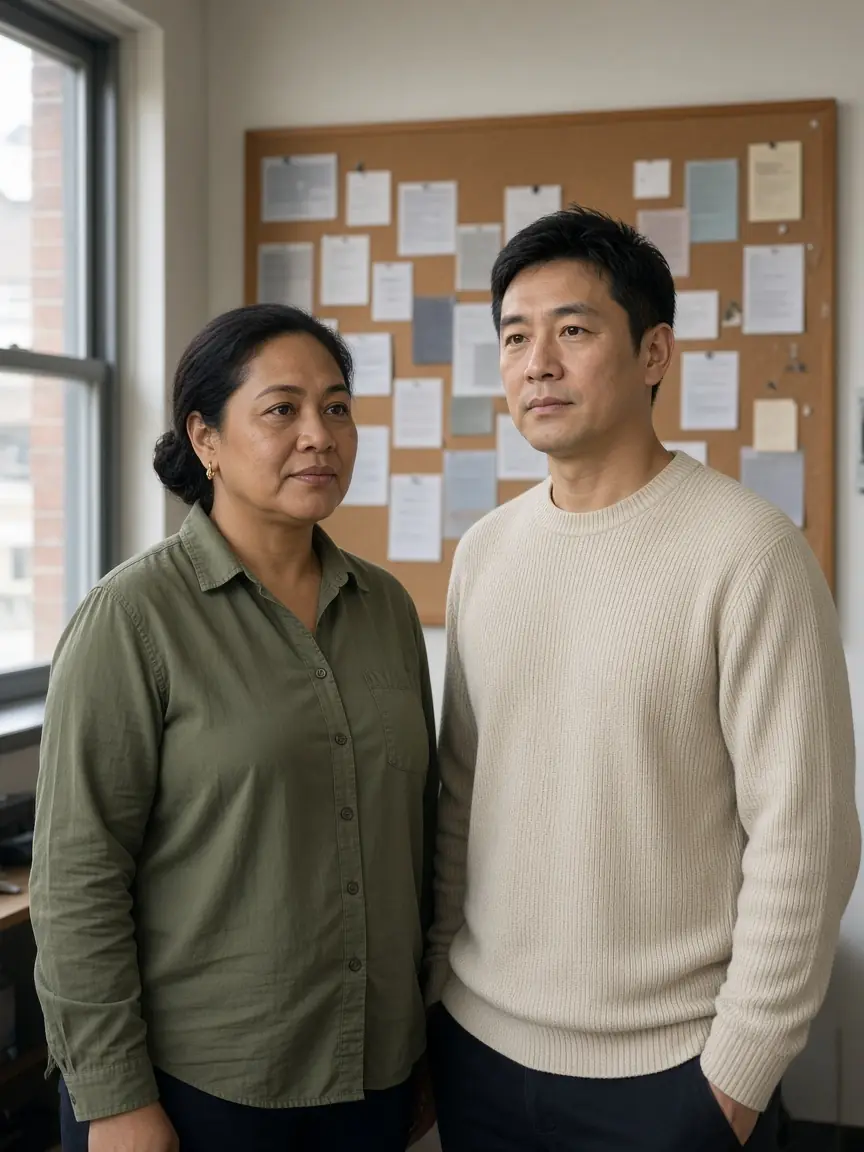 Maia Fletcher and David Chen standing in a small office in front of a pinboard