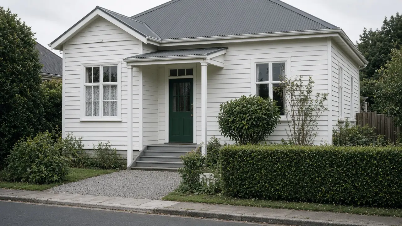 White weatherboard villa with a deep green door and a clipped hedge, the kind of Auckland rental Linden & Co would manage