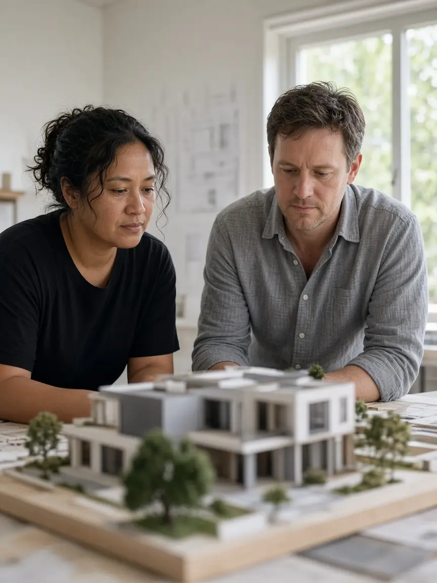 Hana Teague and Eli Marsh in a white studio, looking at a house model on the table