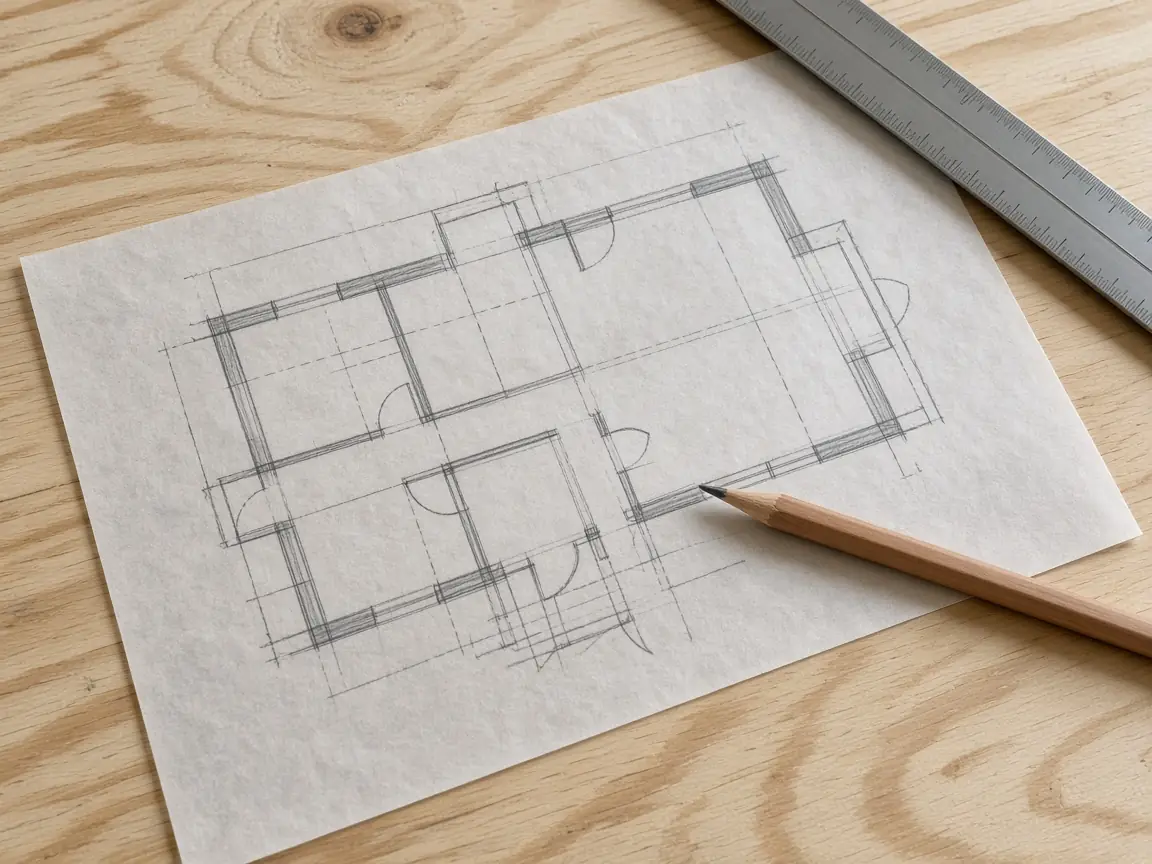 A pencil house plan on tracing paper, with a scale ruler, on a plywood table