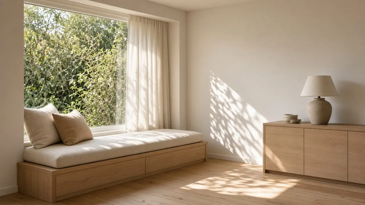 A finished living room with a timber window seat, linen curtain, and afternoon sun through trees