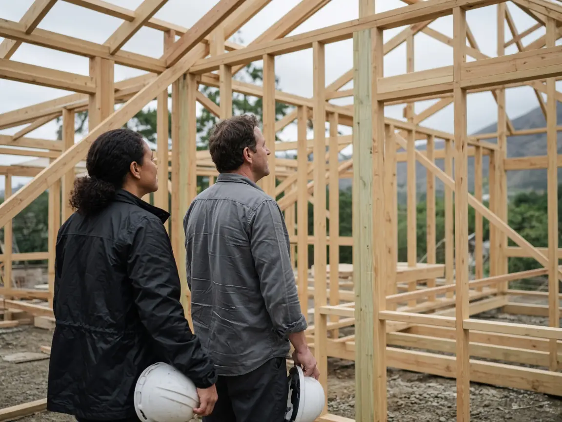 Two architects on a timber house frame, looking at the structure rather than the camera