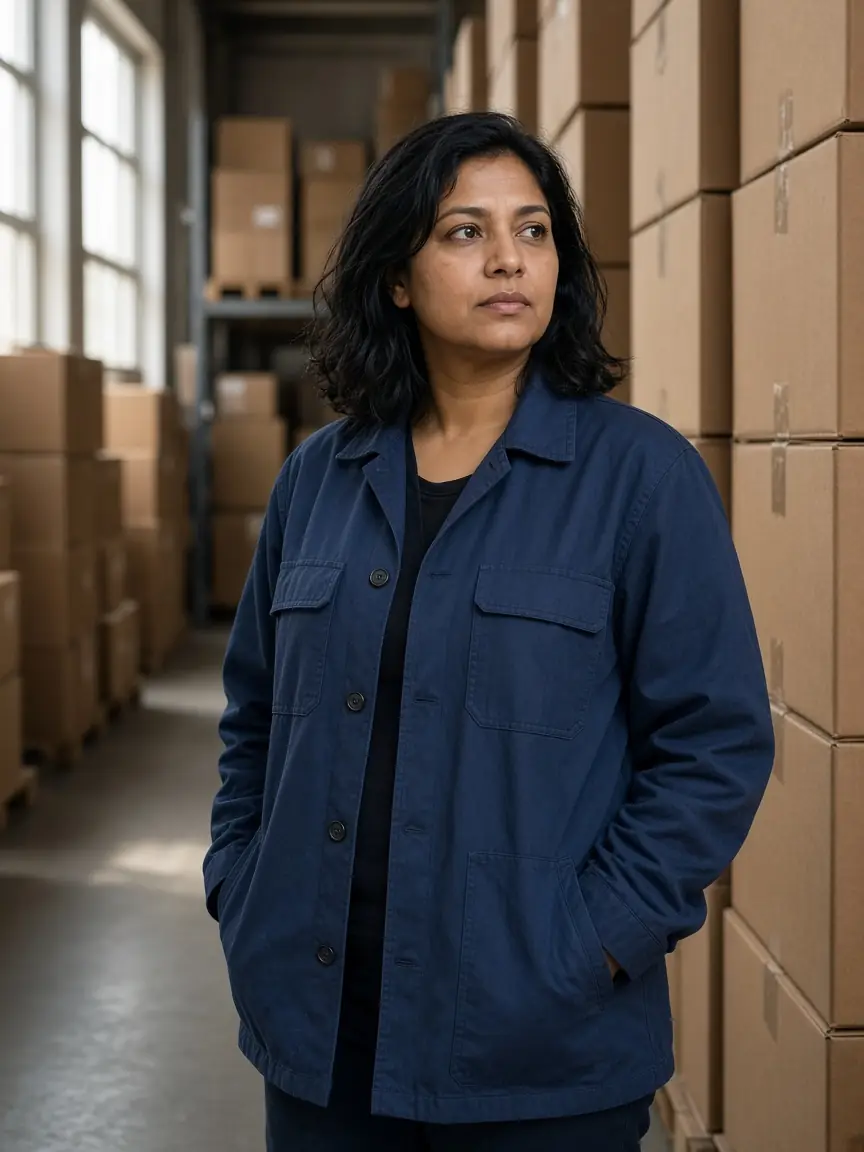 Priya Raman standing in a warehouse aisle of plain cartons, wearing an indigo coat
