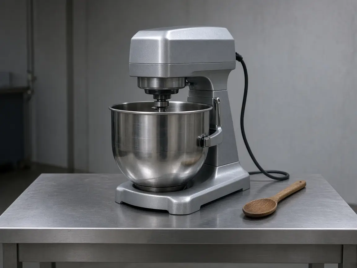 A stainless commercial planetary mixer on a steel bench with a wooden spoon beside it
