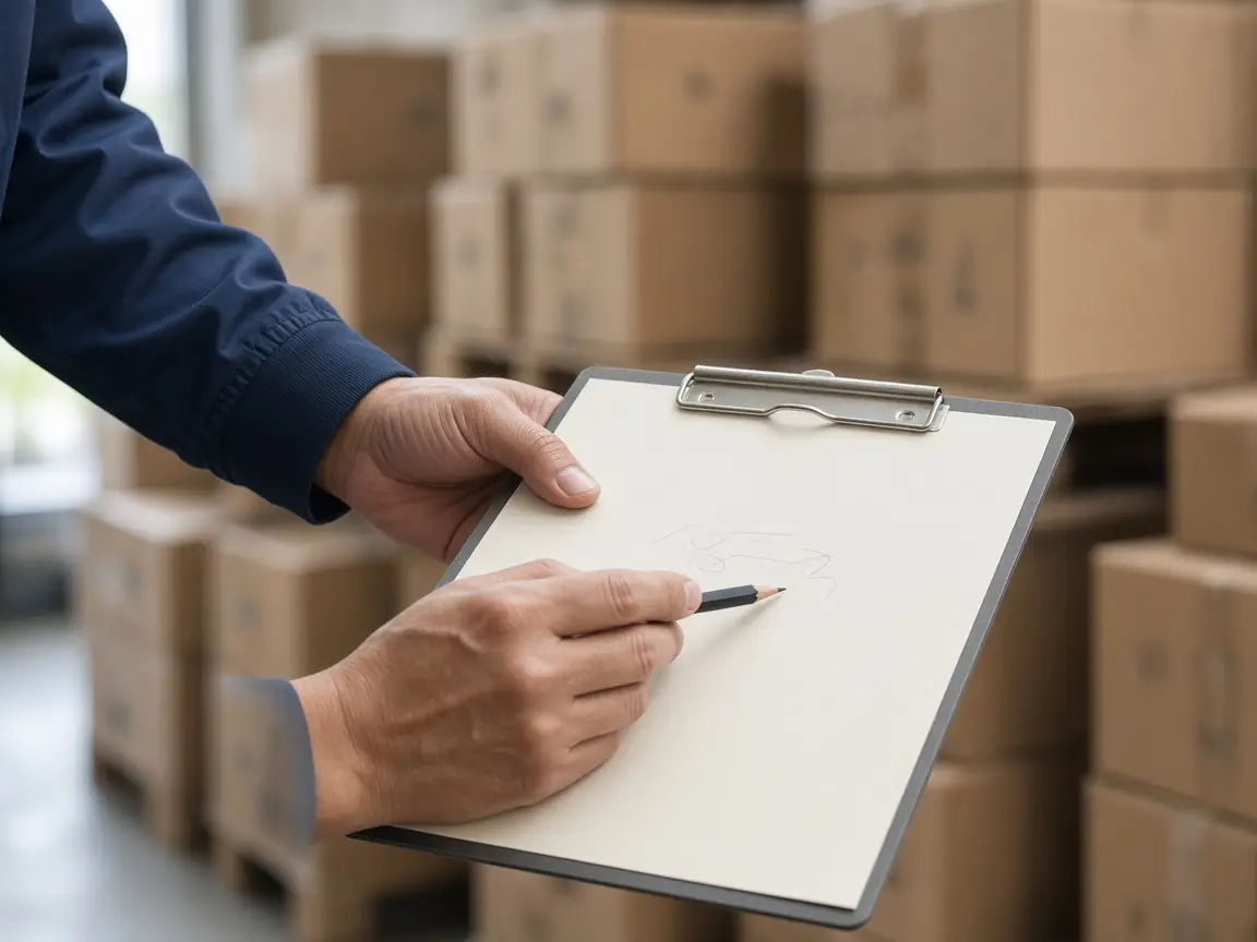 Hands checking a blank delivery note in a warehouse of cartons