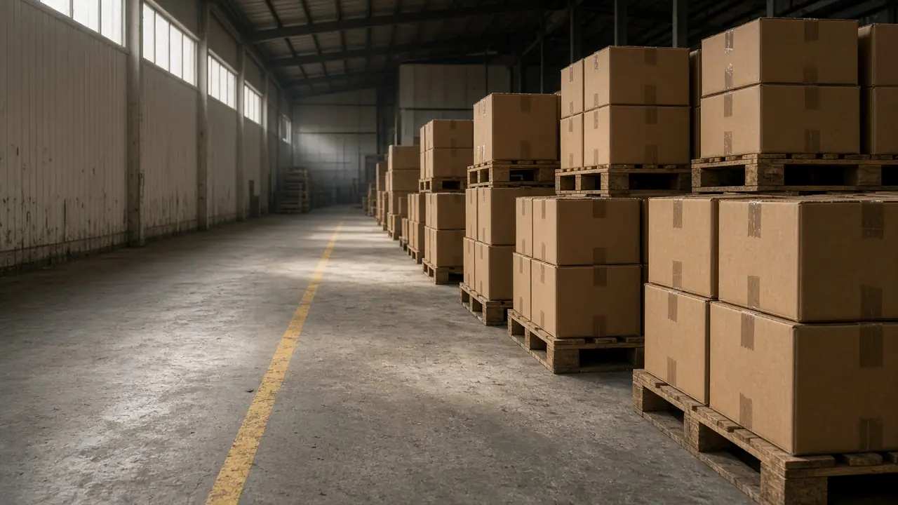 A warehouse aisle of plain cartons on pallets, the store Seaway Mercantile would ship from